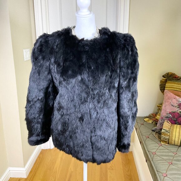 Vintage Coat Fur Rabbit Cropped Black No Collar Hidden Closures (M) - Picture 1 of 9